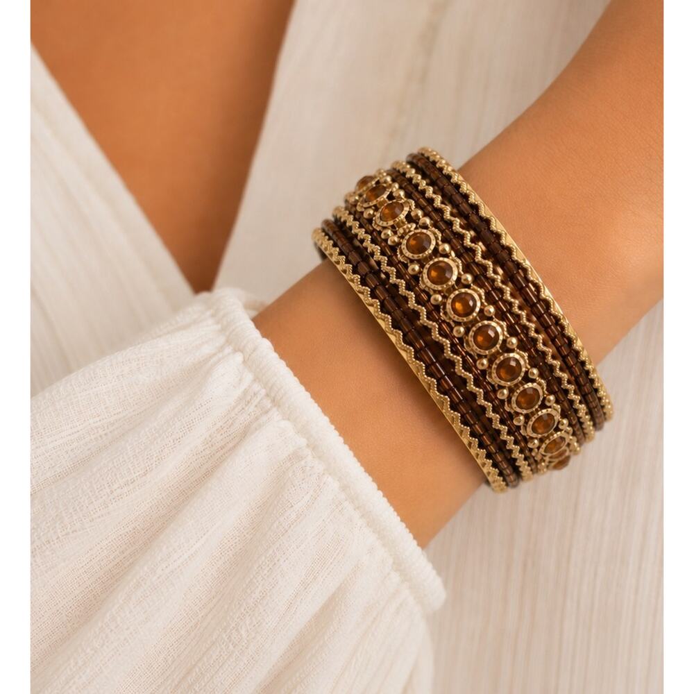 Gold Tone Hinged Bangle Bracelet Yellow Gold Rhinestone Beaded Wide Cuff Boho